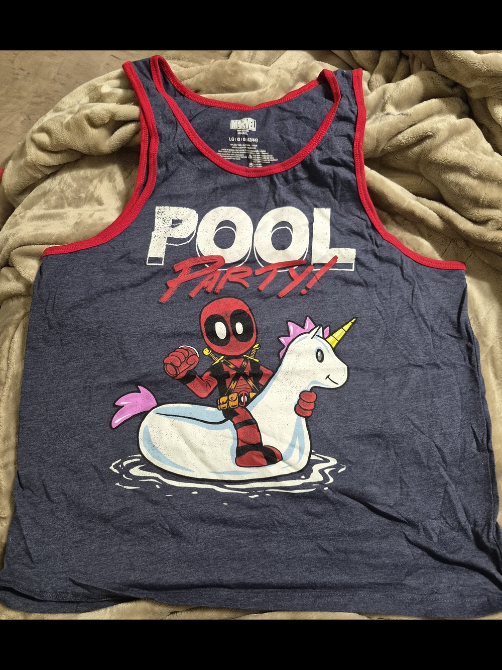 Navy Deadpool 'Pool Party' Tank Top with Red Trim